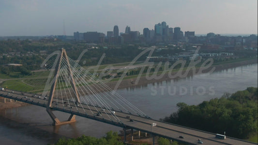 Drone shot, Christopher S. Bond Bridge, River Market, Missouri River