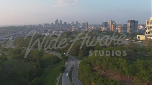Drone shot, Liberty Memorial & Union Station at Sunset